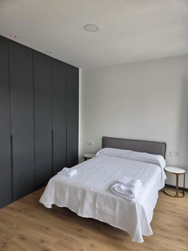 a bedroom with a white bed with two towels on it at Luxury Apartament Plaza in Alcazar de San Juan