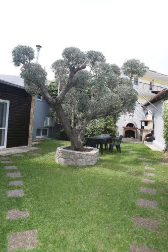 a tree in a yard with a picnic table at Villa Joanna Seasides , Top Floor in Mesimérion