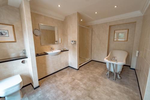 a bathroom with a toilet and a sink and a mirror at Bagden Hall Hotel in Scissett