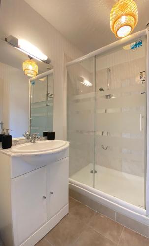 a bathroom with a white sink and a shower at Le secret du Morvan in Saulieu