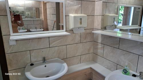 a bathroom with a sink and a mirror at Ferienzentrum Briesensee in Neu Zauche
