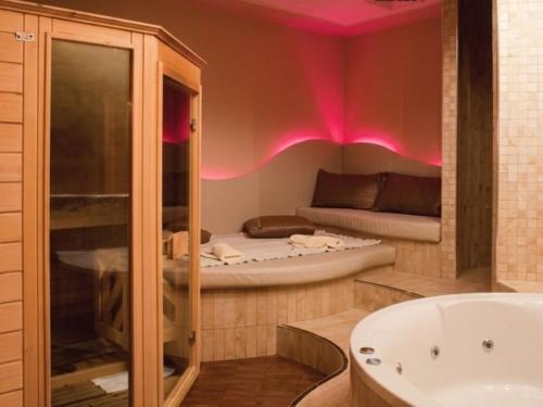 ein Badezimmer mit Badewanne und ein Bett in einem Zimmer in der Unterkunft Hotel Paka in Velenje