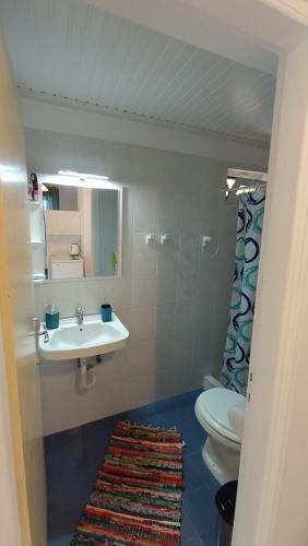 a bathroom with a sink and a toilet and a mirror at Ferouli Residence in Rizá