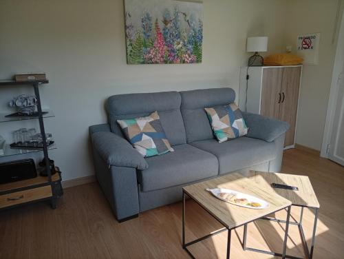 a living room with a blue couch and a table at Casa Da Ponte in Lobios