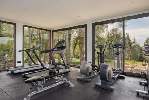 a gym with several tread machines and large windows at Hotel Eden Park by Brava Hoteles in Riudellots de la Selva