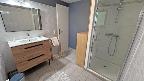 a bathroom with a sink and a shower at Sous les serves in Saint-Léonard-de-Noblat