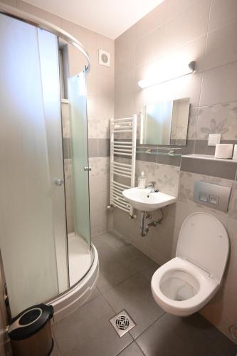 a bathroom with a toilet and a sink and a shower at Fürdőkerti Ifjúsági Szálló in Hajdúböszörmény
