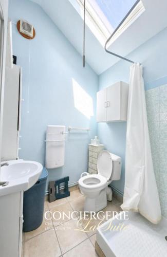 a bathroom with a toilet and a sink at Le Nid du Matelot in Saint-Vaast-la-Hougue