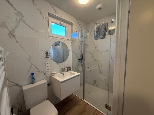 ein Badezimmer mit Dusche, Toilette und Waschbecken in der Unterkunft Blue Mountains in Wavre