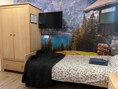 ein Schlafzimmer mit einem großen Wandgemälde eines Berges in der Unterkunft Blue Mountains in Wavre