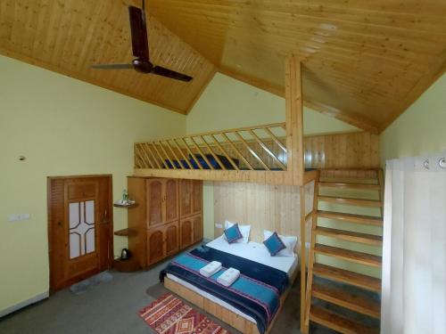 a bedroom with a bunk bed and a ladder at Shiva cottage in Kullu Manali