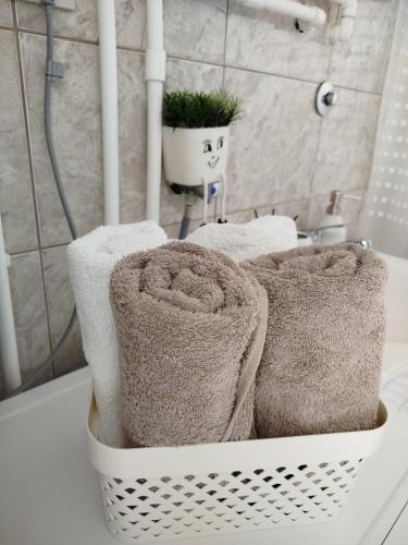 a basket of towels sitting on a counter in a bathroom at Stan na dan Harmonija in Nevesinje