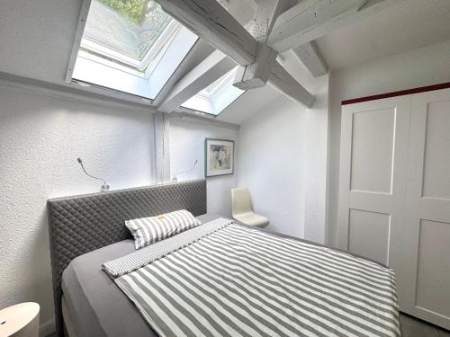 a bedroom with a bed and a skylight at Brauhaus Suite 19 in Sebnitz