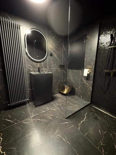a bathroom with a shower and a sink and a mirror at Moonlight jacuzzi in Stargard