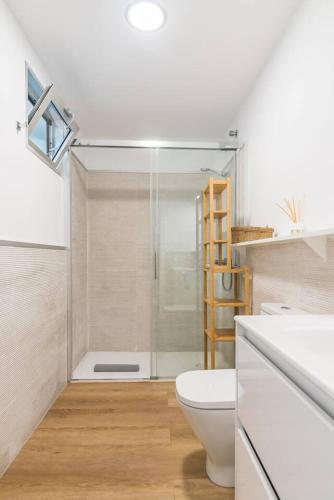 a bathroom with a toilet and a glass shower at Numancia 1-4B in Las Palmas de Gran Canaria