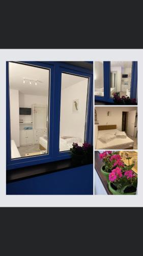 a collage of three pictures of a window with flowers at Dziupla Dębki in Dębki