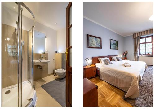 a bedroom and a bathroom with a bed and a shower at Wawabed Bed & Breakfast hotel butikowy in Warsaw