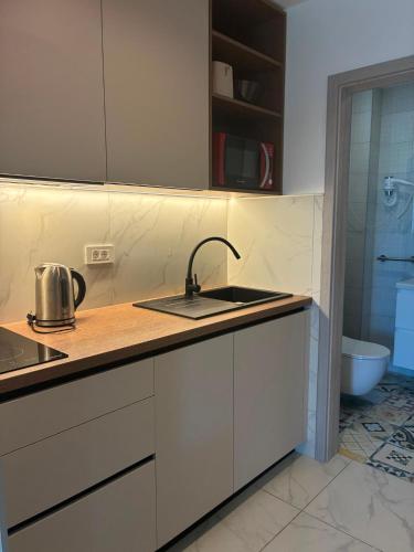 a kitchen with a sink and a counter top at Apartments Malic in Petrcane