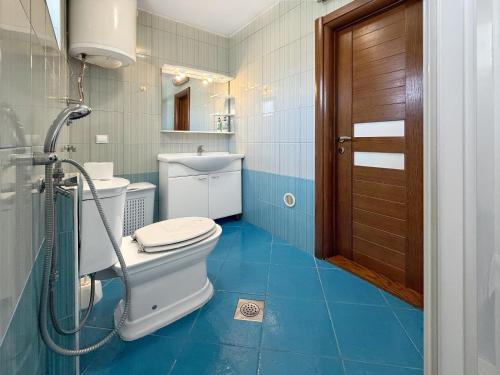 a blue bathroom with a toilet and a shower at Apartment Orange Blossom First Line & Pool 1 in Bijela