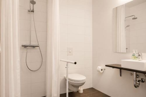a bathroom with a toilet and a shower and a sink at ASKA Heiðmörk in Reykjavík
