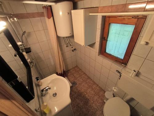 a small bathroom with a toilet and a window at Brunarica Marička in Idrijska Bela