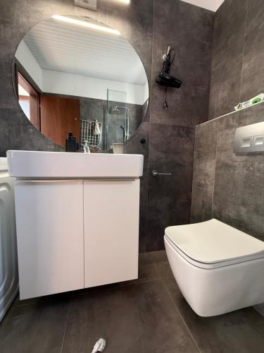 a bathroom with a toilet and a sink and a mirror at Kalithea Apartement in Palekastron
