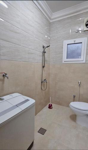 a bathroom with a shower and a toilet and a sink at Sahalnoot flats in Salalah