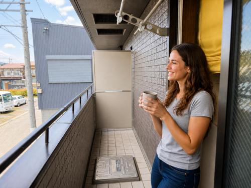 a woman standing on a balcony holding a coffee cup at Vieuno Hida Takayama 5-Min Walk to Station, Cozy Local Stay in Takayama