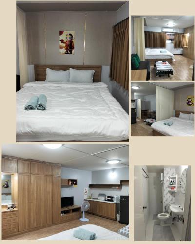 a collage of four pictures of a bedroom at IMPACT popular condo c5 แม่ตังค์ in Ban Bang Phang