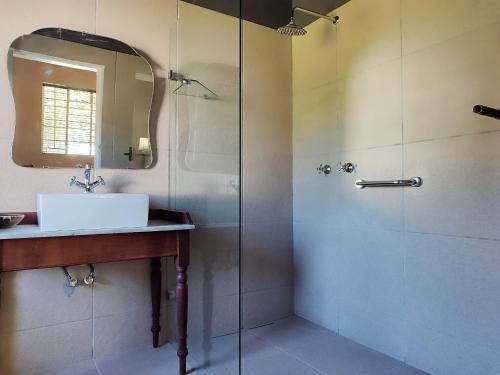 a bathroom with a shower and a sink and a mirror at The Theatre in Bedford