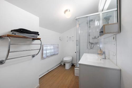a white bathroom with a toilet and a sink at Appartement Aime La Plagne in Aime-La Plagne