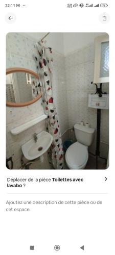 a bathroom with a toilet and a sink and a mirror at Maison Lyne in Hammamet