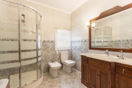 a bathroom with a toilet and a sink and a shower at Casa Rural Cal Pallol in Camarasa