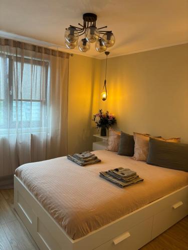 a bedroom with a bed with two towels on it at MOuntain View Apartment in Câmpulung