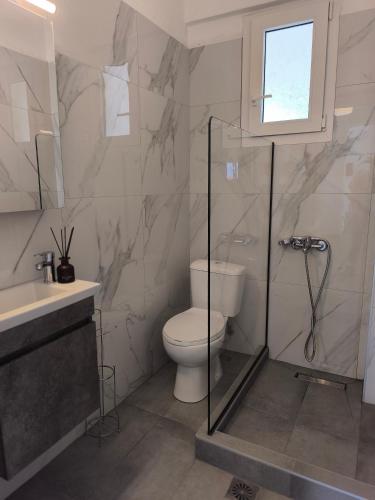 a bathroom with a toilet and a glass shower at OLIVE & SEA in Nea Moudania