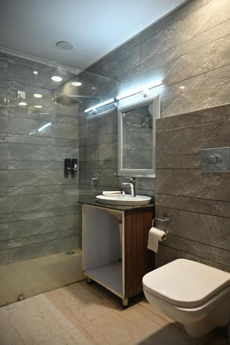 a bathroom with a sink and a toilet at The Hoften Blue Magnets, Dalhousie in Dalhousie