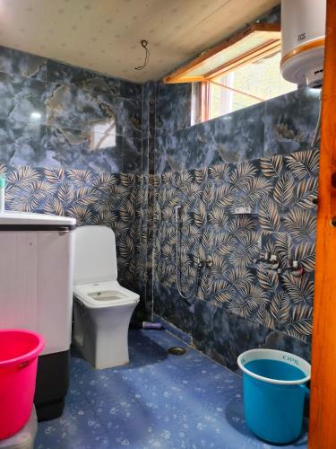 a bathroom with a toilet and a wall at Routelahomestay in Gangnāni
