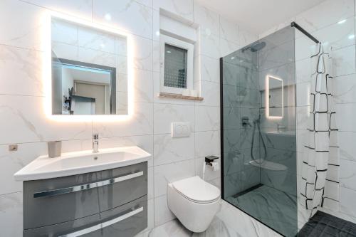 a bathroom with a toilet and a sink and a shower at Villa Lukas in Nin