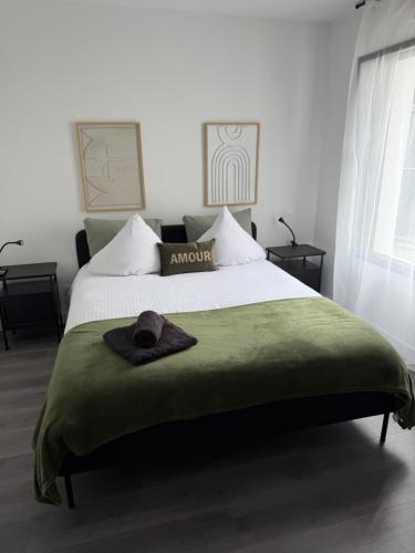 a bedroom with a large bed with a green blanket at Maison moderne in Saint-Julien-de-Concelles