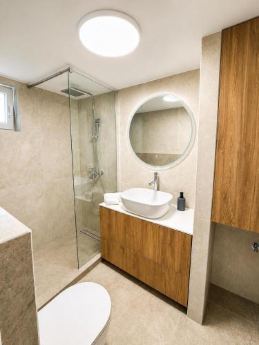 a bathroom with a sink and a shower at Olea Verde Loft Apartment in Lefkimmi