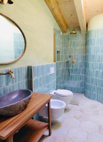 a bathroom with a sink and a toilet and a mirror at Villa Gioia Agriturismo in Monterosso al Mare