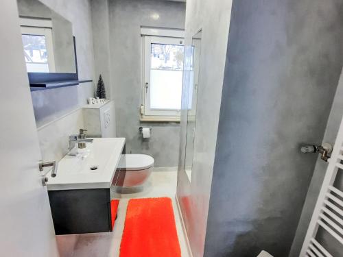 a bathroom with a white sink and a toilet at Apartment Panoramablick Rhön by Interhome in Sandberg