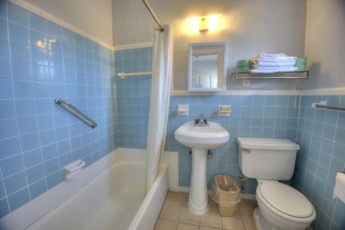 a blue bathroom with a toilet and a sink at El Dorado in Myrtle Beach