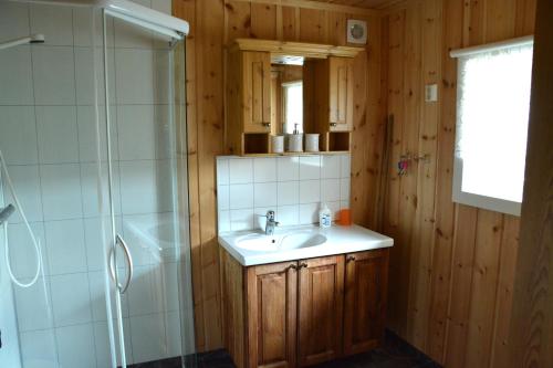 ein Badezimmer mit Waschbecken und Dusche in der Unterkunft Brimi Seter in Garmo