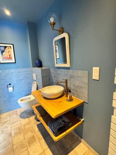 a bathroom with a sink and a mirror and a toilet at La Grange Guesthouse in Beausemblant