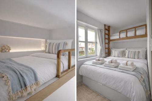 a white bedroom with two beds and a window at Villa La Rafale plage centre 300 m in Le Touquet-Paris-Plage