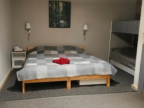 a bedroom with a bed with a red shirt on it at Melleņu ligzda in Puršēni