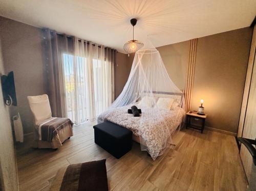 a bedroom with a bed with a mosquito net at Villa Palmiers 5 min de la Mer, confortable 4 Personnes, parking free, in Sérignan