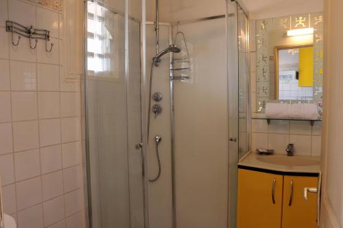 a bathroom with a shower and a sink at Résidence Eglantine in Cilaos