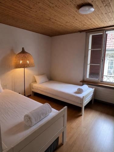 a bedroom with two beds and a lamp in it at Simple flat 72 m2 in the centre of Burgdorf with private parking in Burgdorf